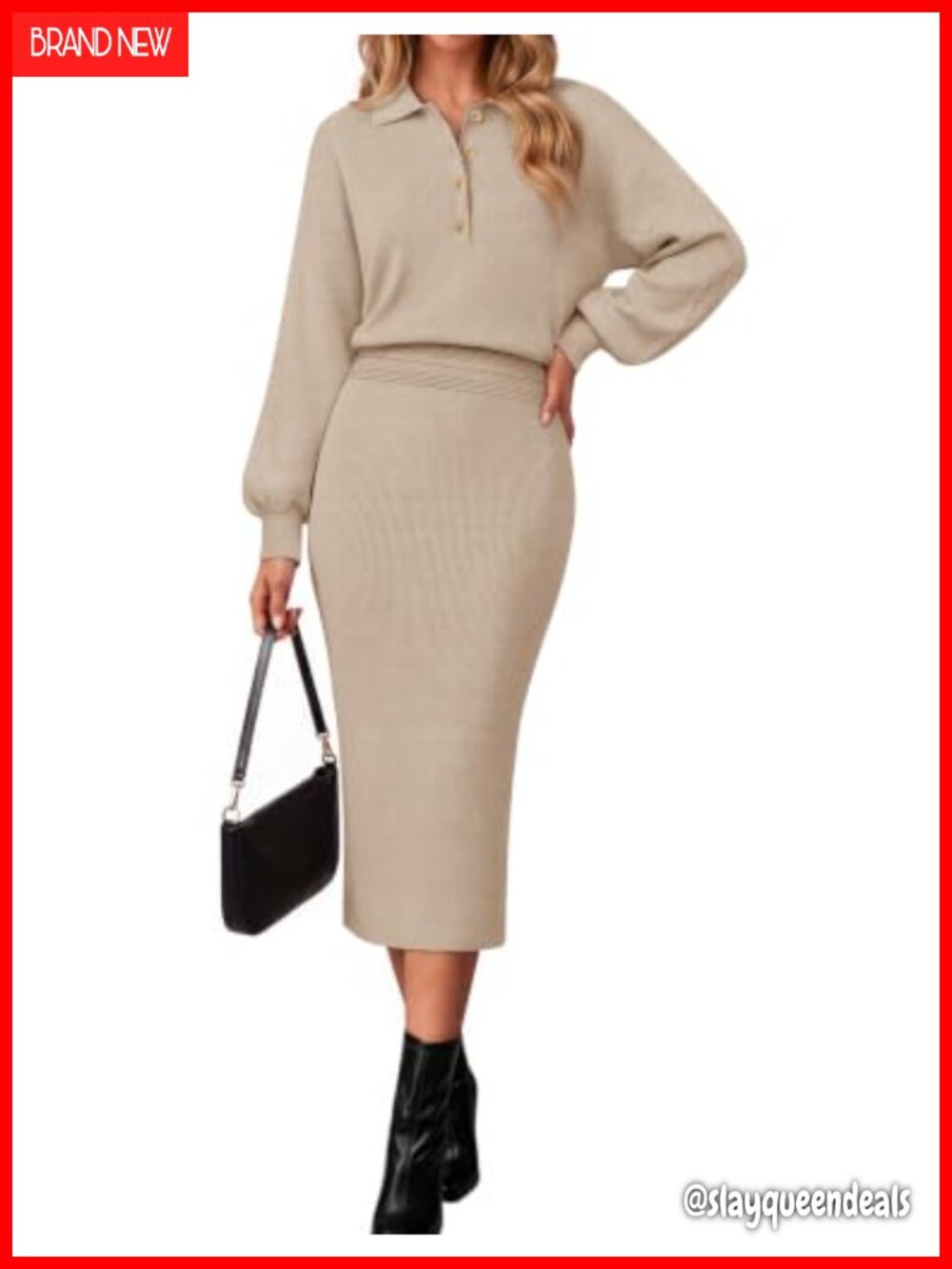 Womens Long Sleeve Bodycon Midi Sweater Dress Puff Sleeve Polo